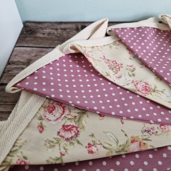 Ditsy Cream Floral & Rose Spotted Double Sided Handmade Fabric Bunting
