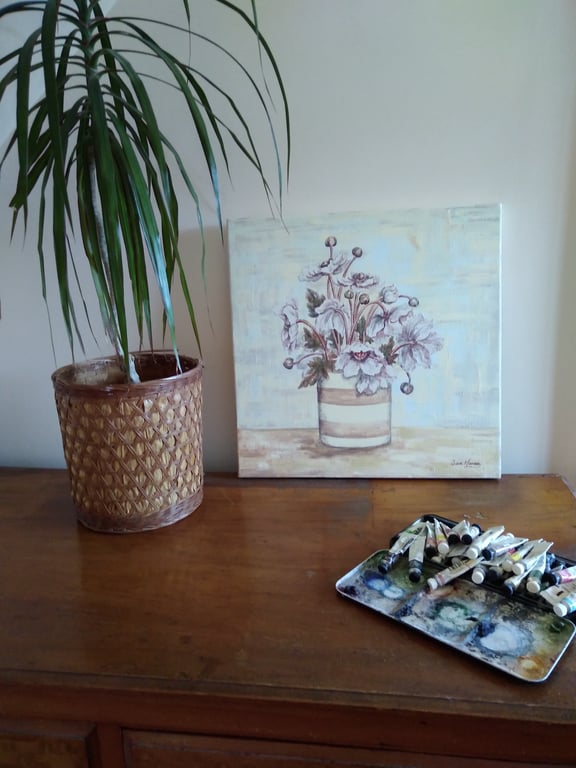 White and pink anenomes in pottery jar watercolour painting on canvas