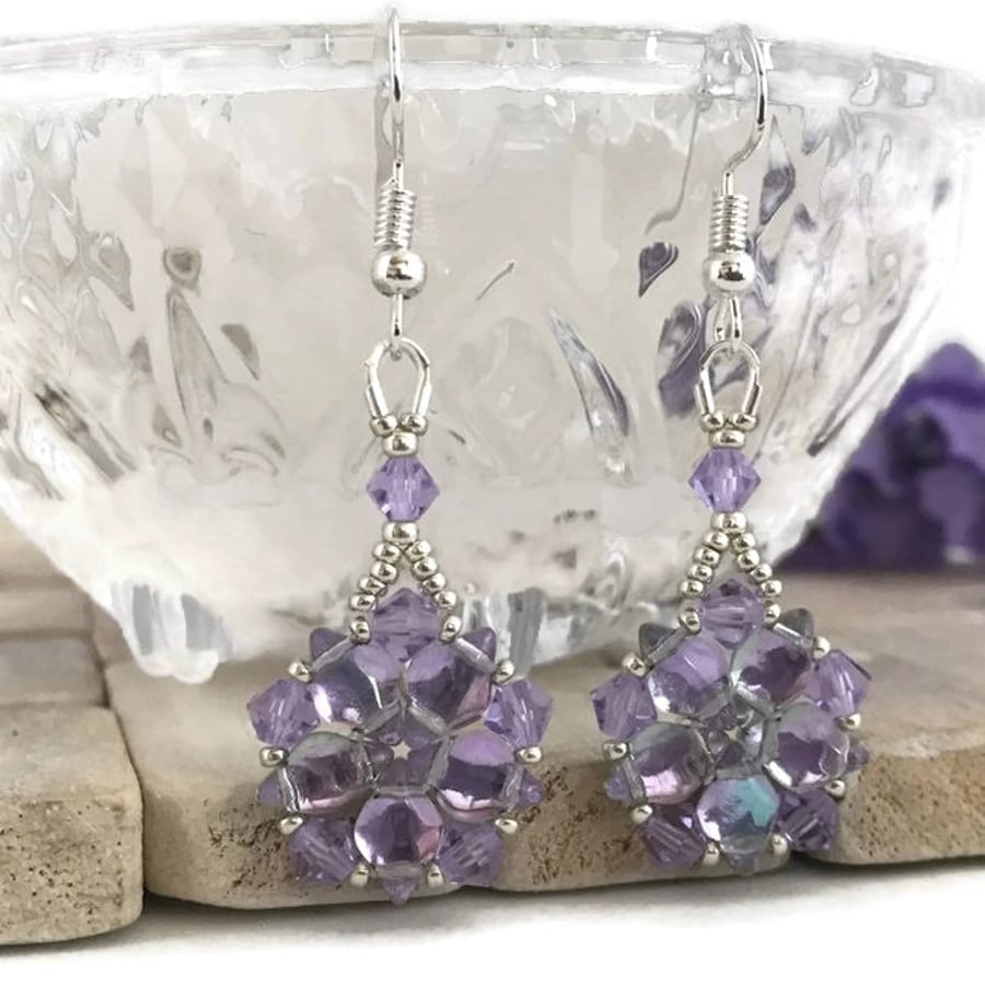 Pale Purple Flower Burst Beaded Earrings