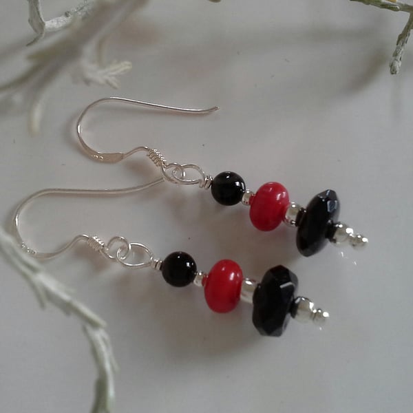 Dainty Feminine Coral & Black Onxy Sterling Silver Earrings