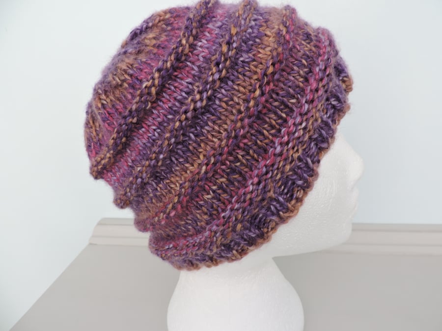 50% off SALE  Chunky Knit Beanie Hat for Adults Purple, Toffee and Magenta