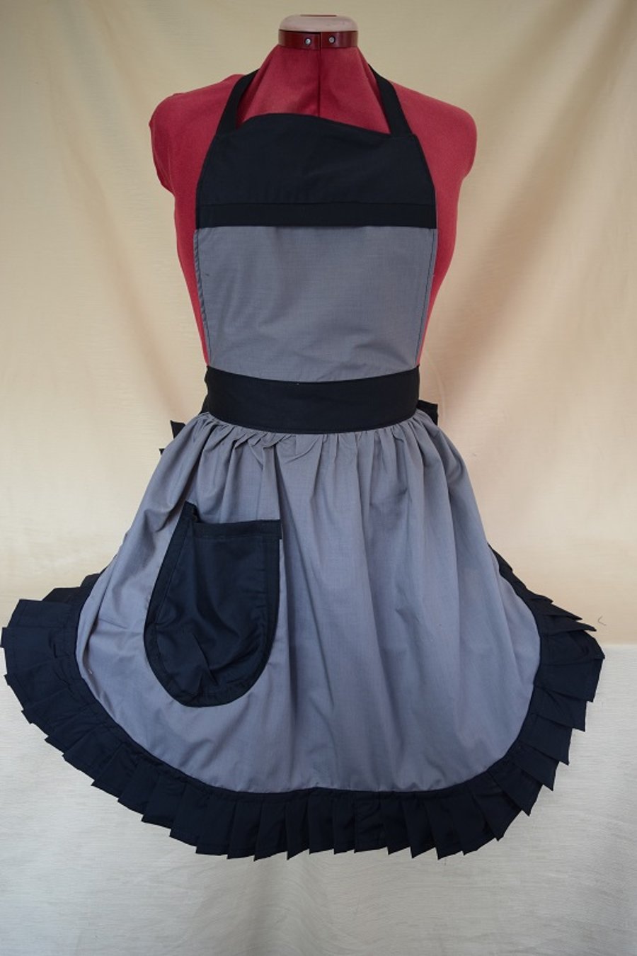 Vintage 50s Style Full Apron Pinny - Grey with Black Trim
