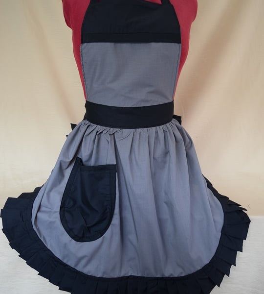 Vintage 50s Style Full Apron Pinny - Grey with Black Trim