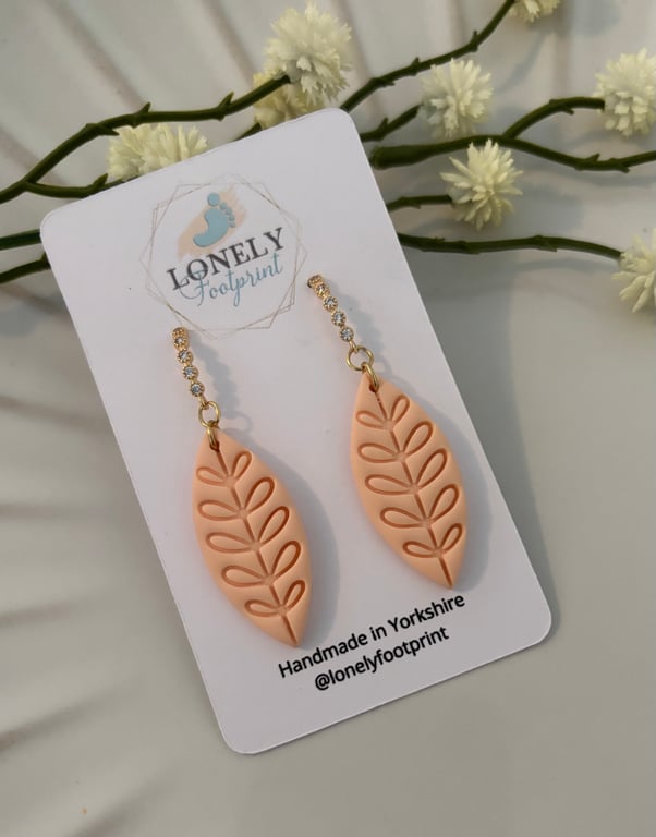 Orange Polymer Clay Earrings, Leaf Design, Lightweight Handmade Earrings 