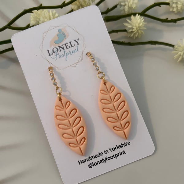 Orange Polymer Clay Earrings, Leaf Design, Lightweight Handmade Earrings 