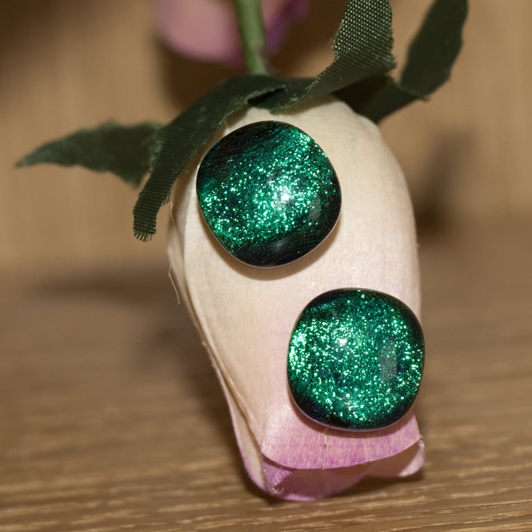 Green Dichroic Glass Earrings on Sterling Silver Studs - 2069