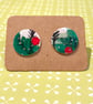 Recycled plastic Christmas tree circle stud earrings