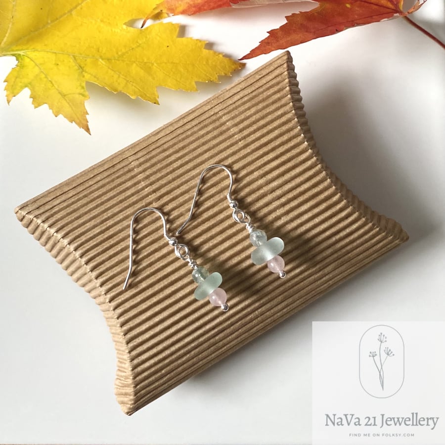 SOLD—Aqua Seaglass earrings with Rose Quartz bead Ref -ASGEQ 281021
