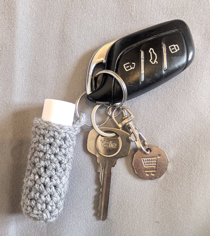 Crochet lip balm holder keychain, bag charm, handmade, keyring accessory - grey