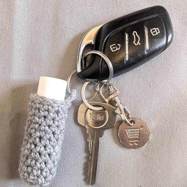 Crochet lip balm holder keychain, bag charm, handmade, keyring accessory - grey