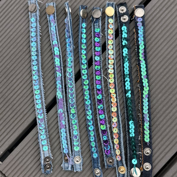 Boho Denim sequin  bracelet cuff 