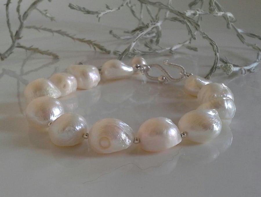 Very Large Baroque Freshwater Pearls Sterling Silver Bracelet
