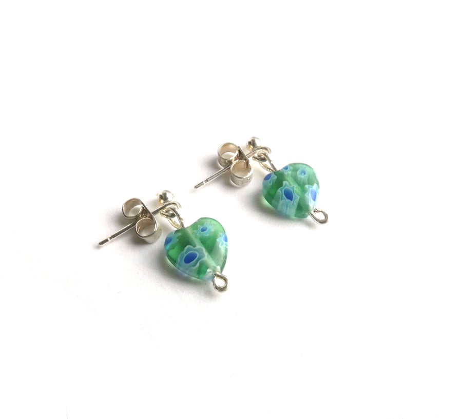 Green Millefiori Glass Heart Bead Earrings 