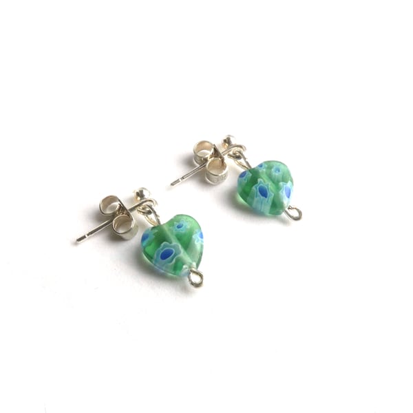 Green Millefiori Glass Heart Bead Earrings 
