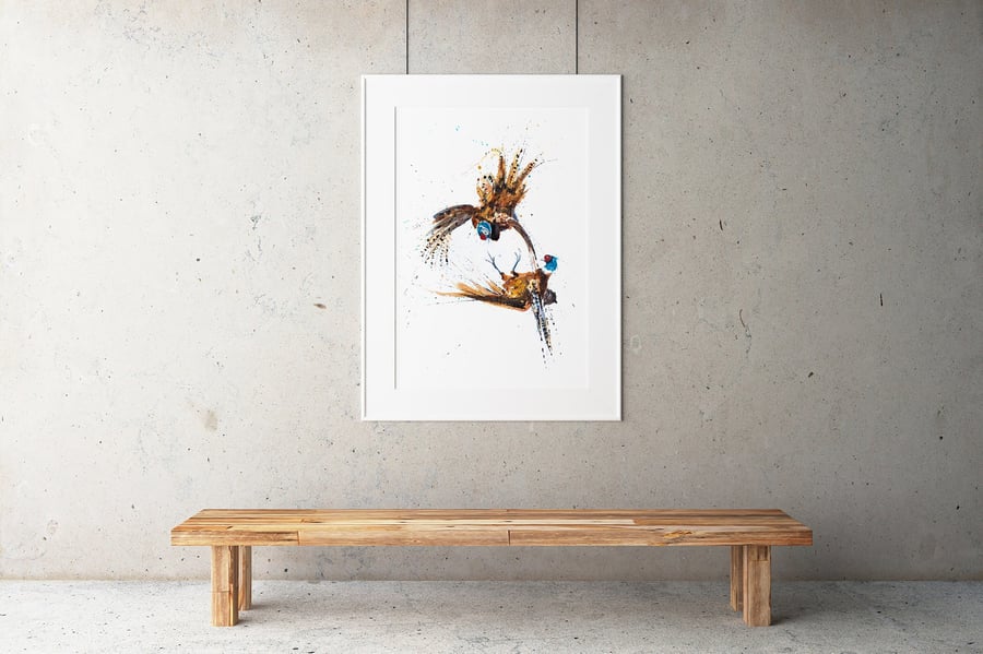 Pheasant Fight Watercolour Print, Limited Edition British Birds Art