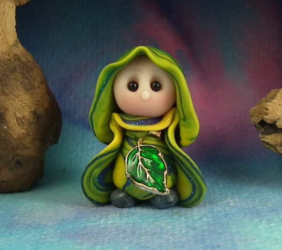 Spring Sale ... Tiny Garden Gnome 'Zella' with leaf OOAK Sculpt by Ann Galvin