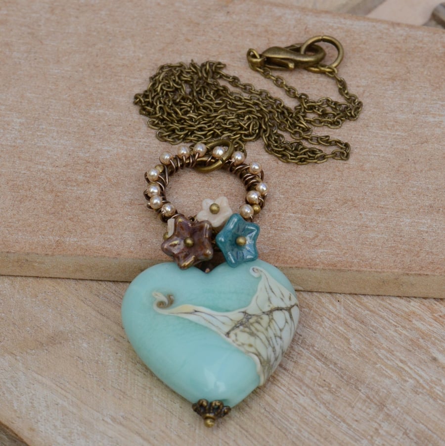 Aqua Blue Lampwork Heart Bead Necklace with Czech Flower & Pearl Beads