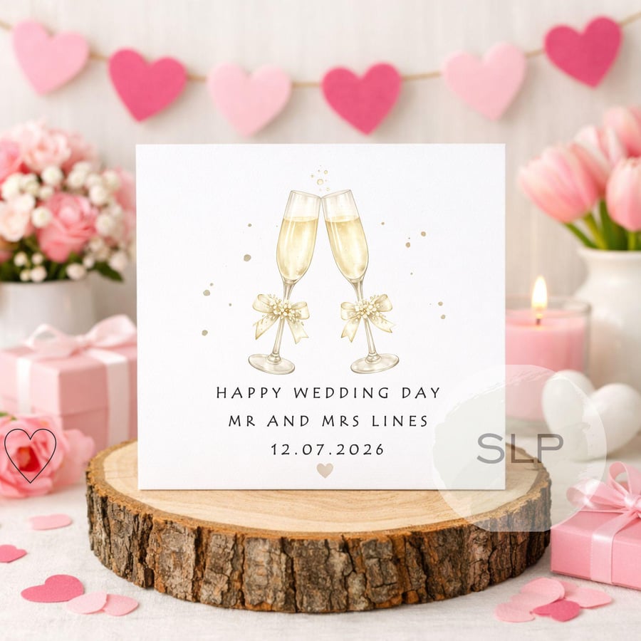 Personalised Wedding Card Mr and Mrs Wedding Day Card Champagne Glasses Card