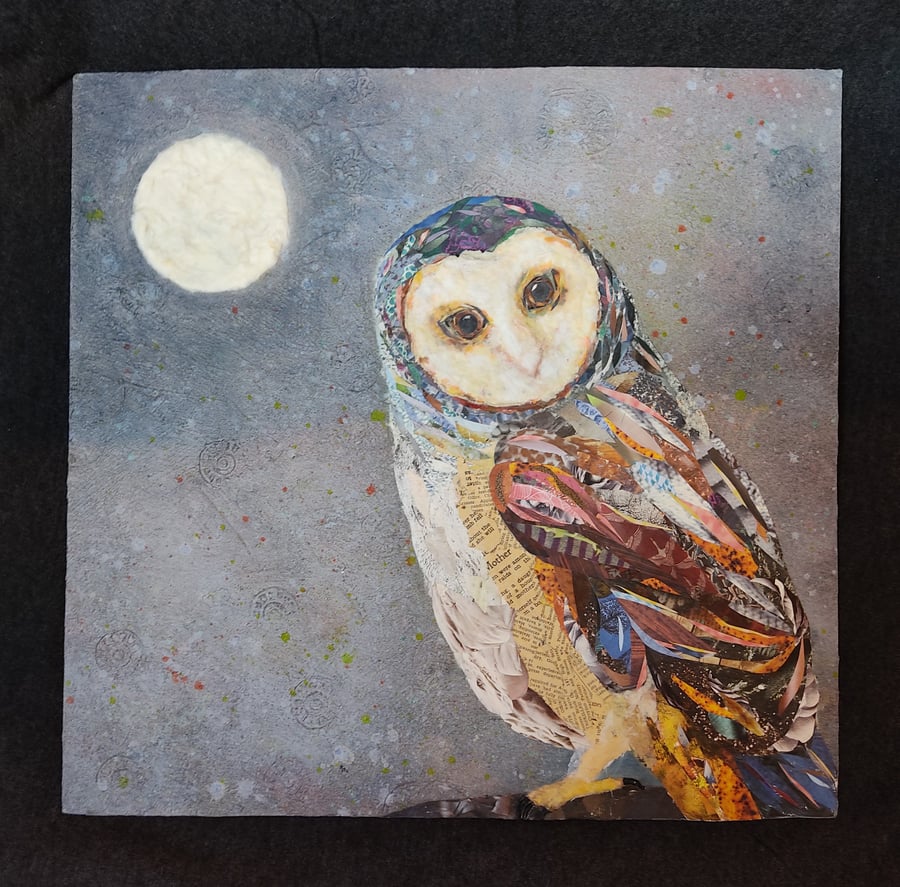 Moonlit Owl - original picture. Paper collage & mixed media wall art.