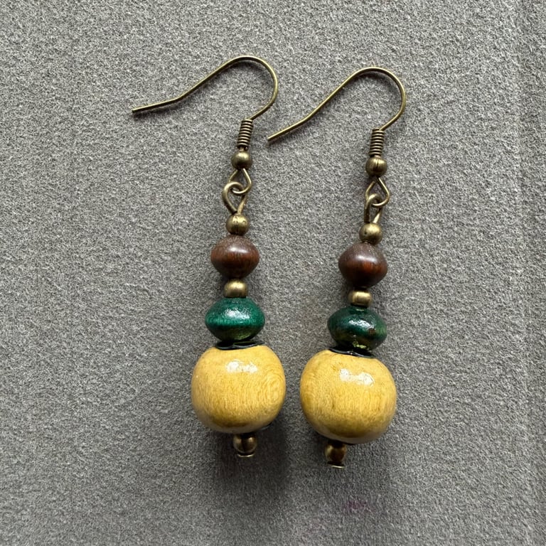 Boho Style Earthy Coloured Nature Inspired Wood Dangle Drop Earrings