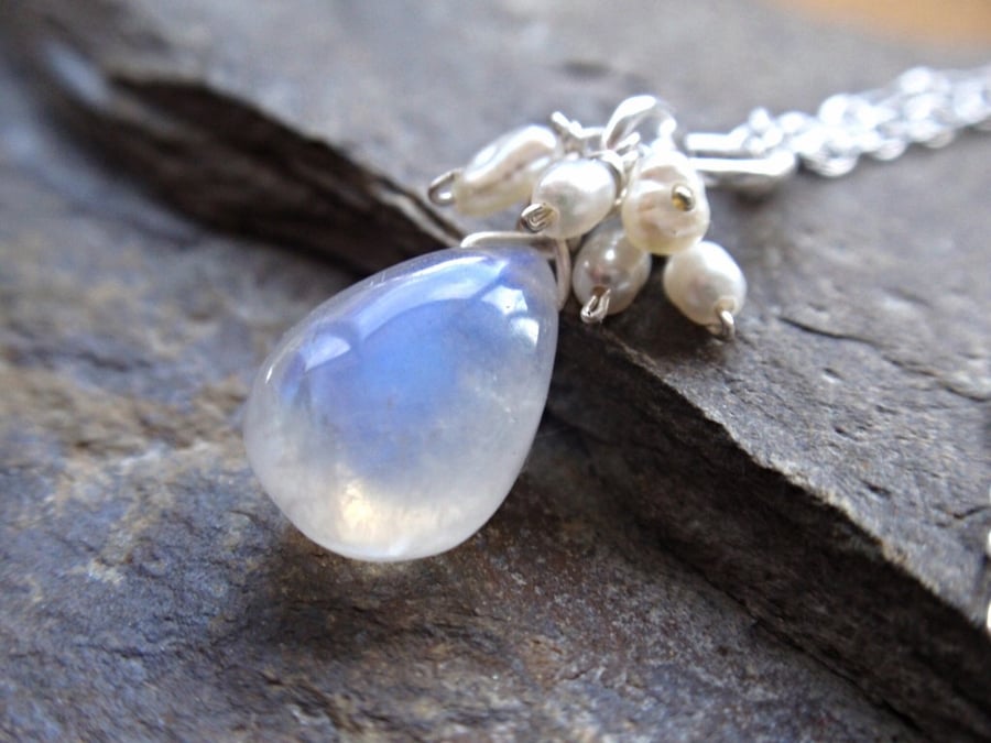 Moonstone necklace with freshwater pearl cluster, gemstone cluster necklace