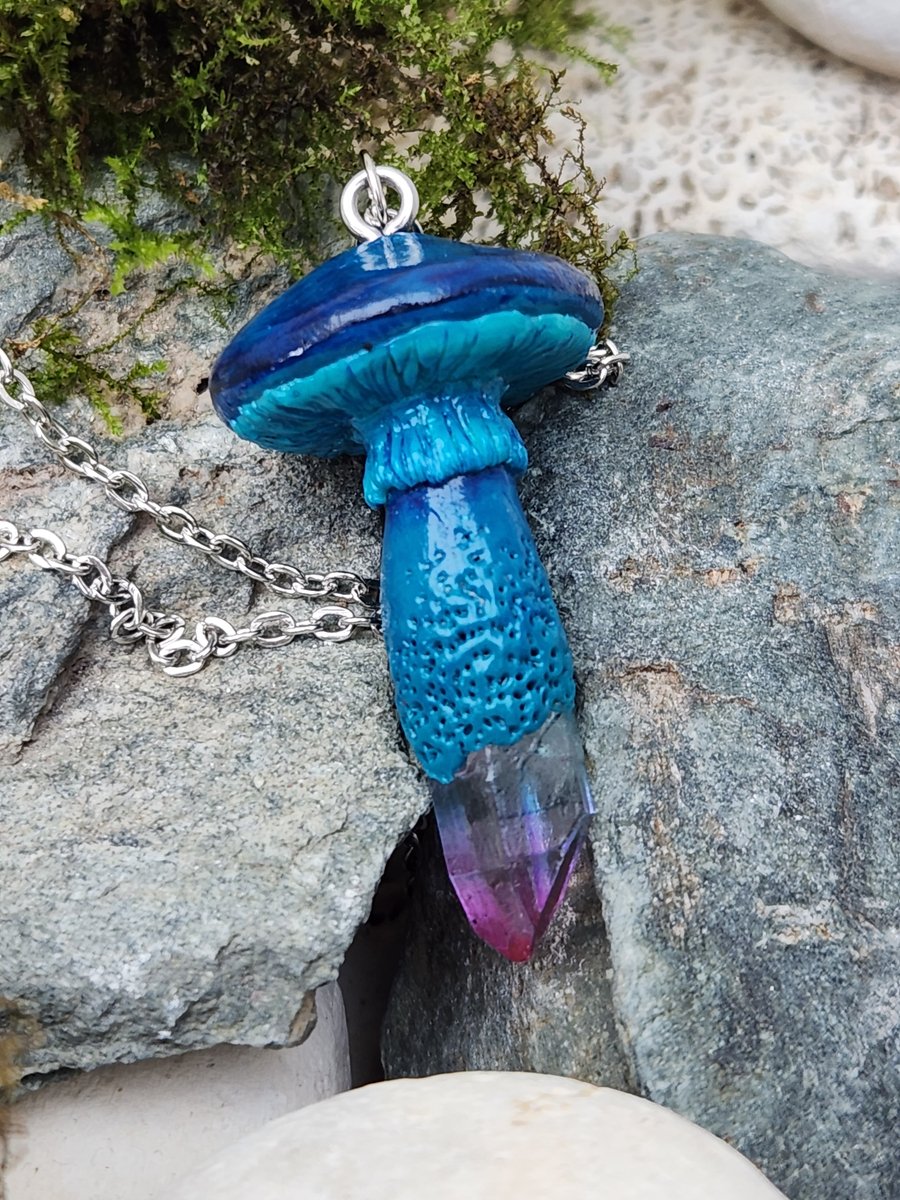 Cosmic inspired Polymer Clay Galaxy Mushroom cottagecore sculpted crystal neckla