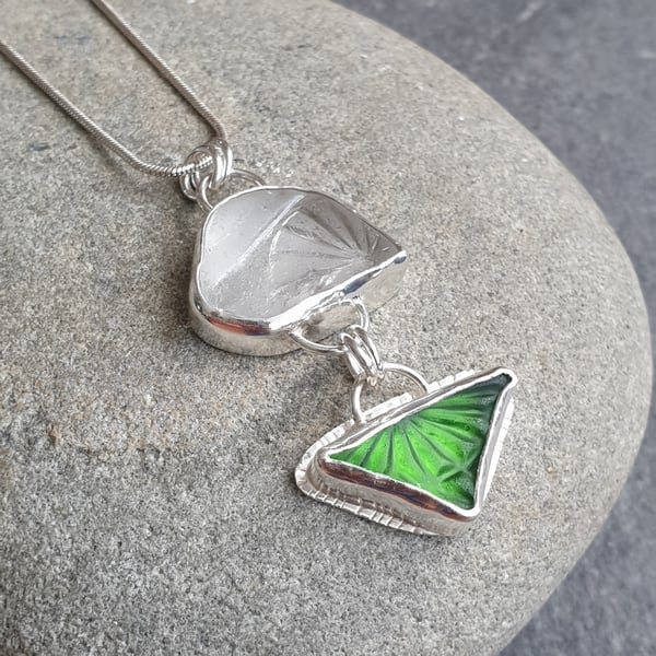 Green and white seaglass necklace, Patterned sea glass, Sunburst pattern