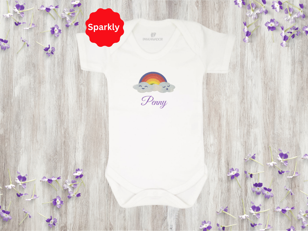 Cute Glitter Rainbow Baby Bodysuit – Personalised Babygrow With Name 