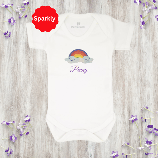 Cute Glitter Rainbow Baby Bodysuit – Personalised Babygrow With Name 