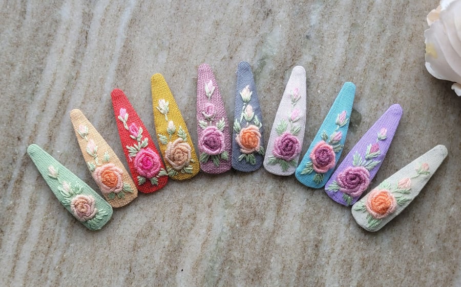 vintage roses hair clip, hand embroidered floral, gifts for girls, bridesmaids