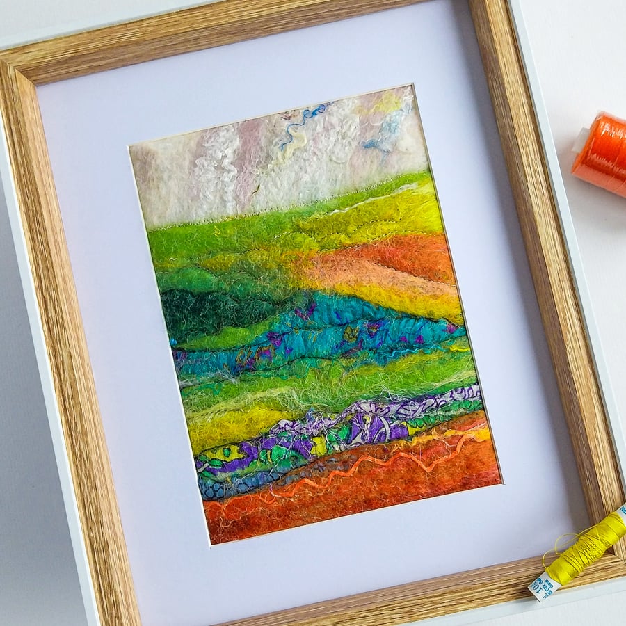 Original Felt and Stitch Landscape, Green Fields and Fells of Cumbria 