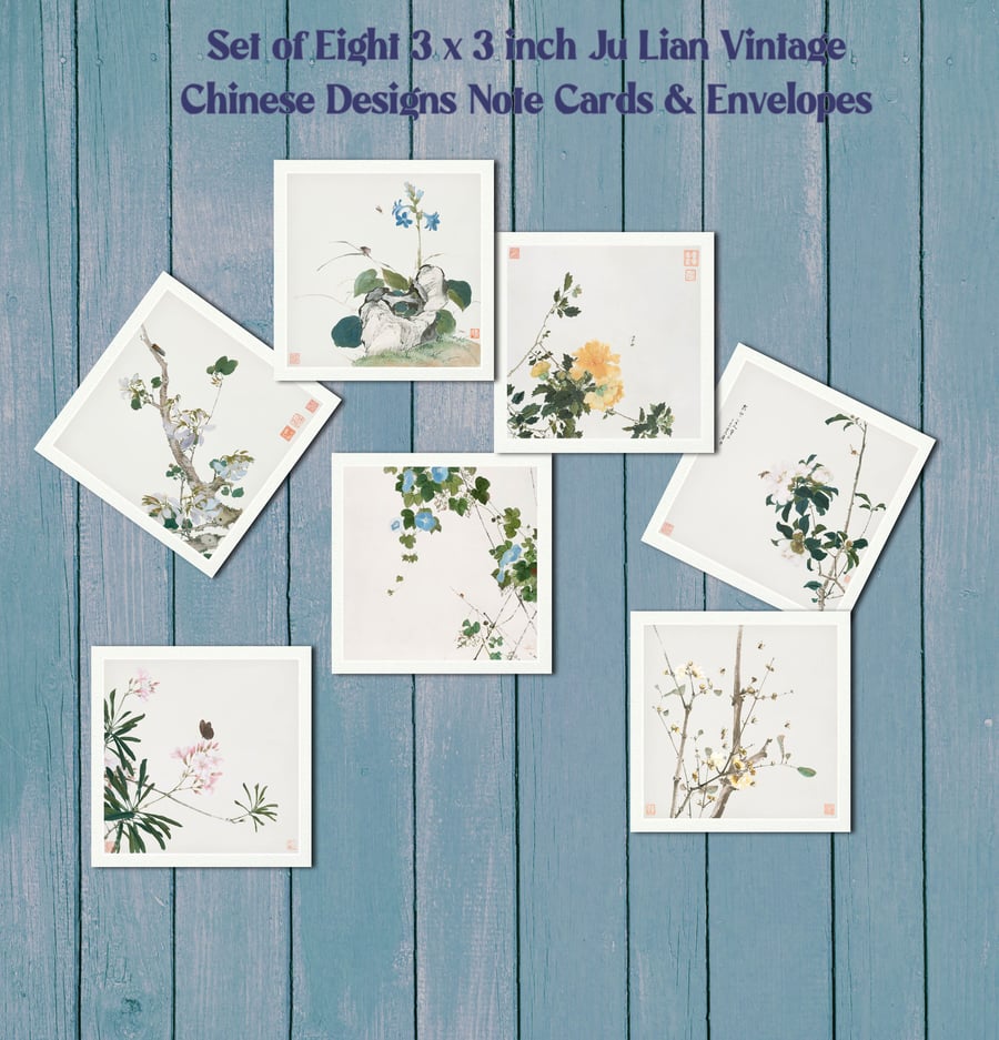 8 Chinese Floral 3x3 Inch Blank Note Cards & Envelopes, Gift Tags, Stationery