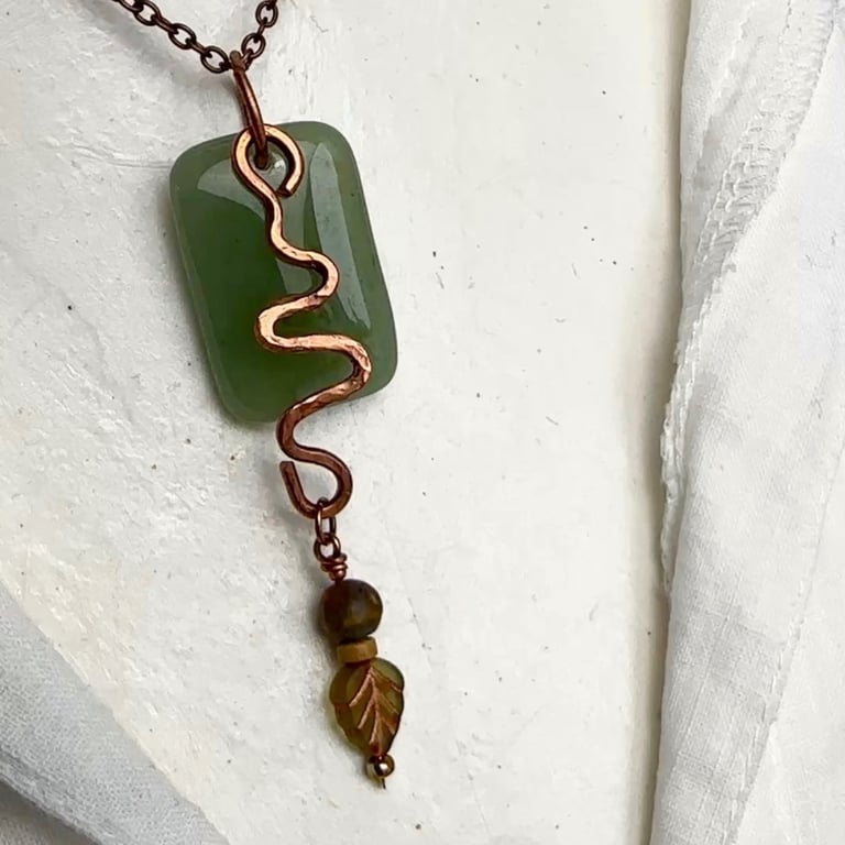 Hammered Copper And Green Aventurine Pendant Necklace