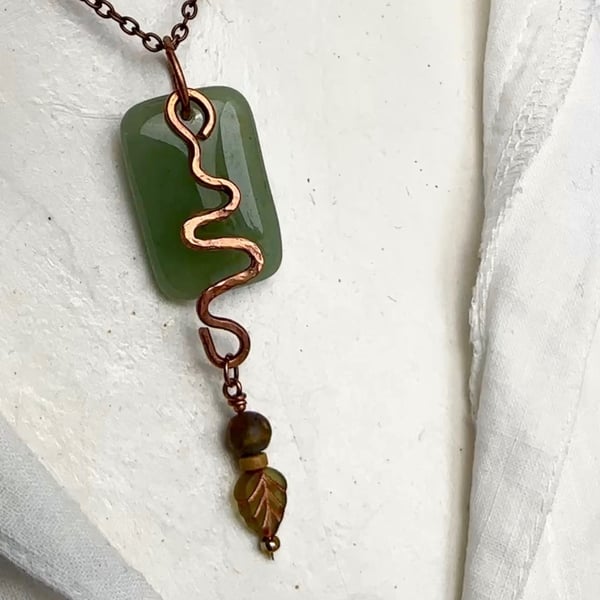 Hammered Copper And Green Aventurine Pendant Necklace