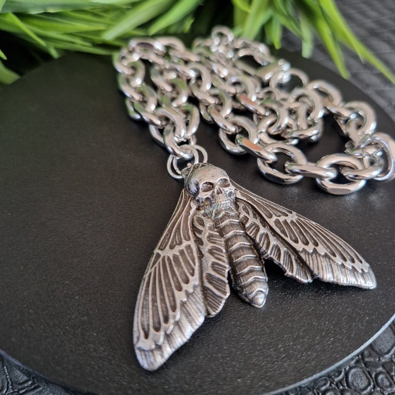 Deaths Head Moth Necklace Stainless Steel Chain Industrial Gothic Gift