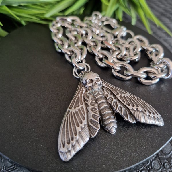 Deaths Head Moth Necklace Stainless Steel Chain Industrial Gothic Gift