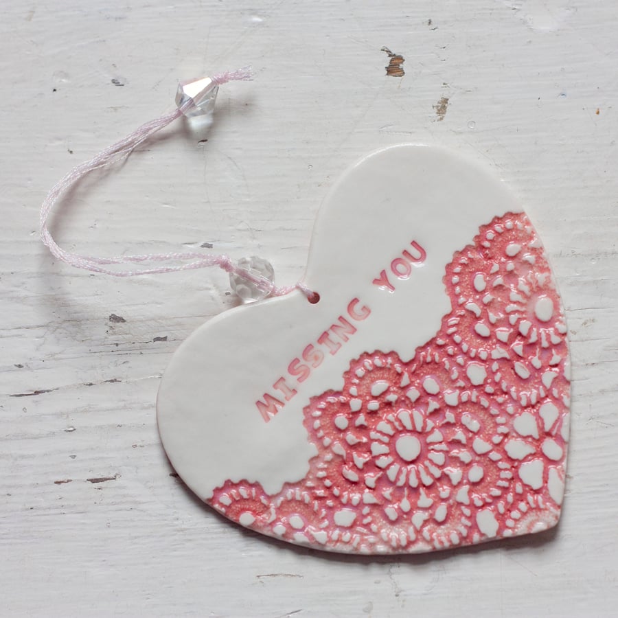 "Missing You" Porcelain Heart decoration in pink