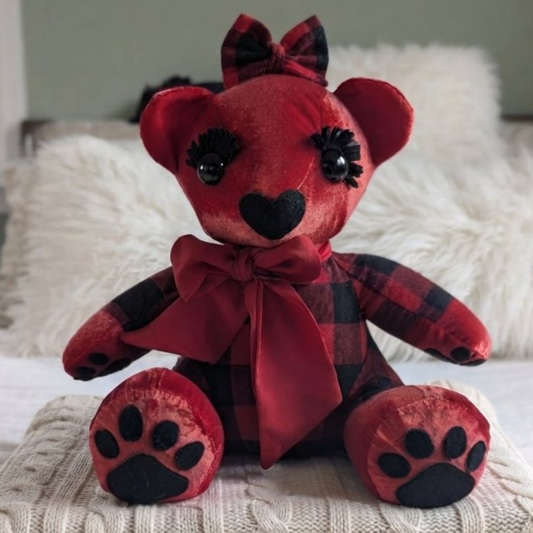 Handmade Sassy Memory Bear from Baby Clothes, Keepsake Bear with Eyelashes & Paw