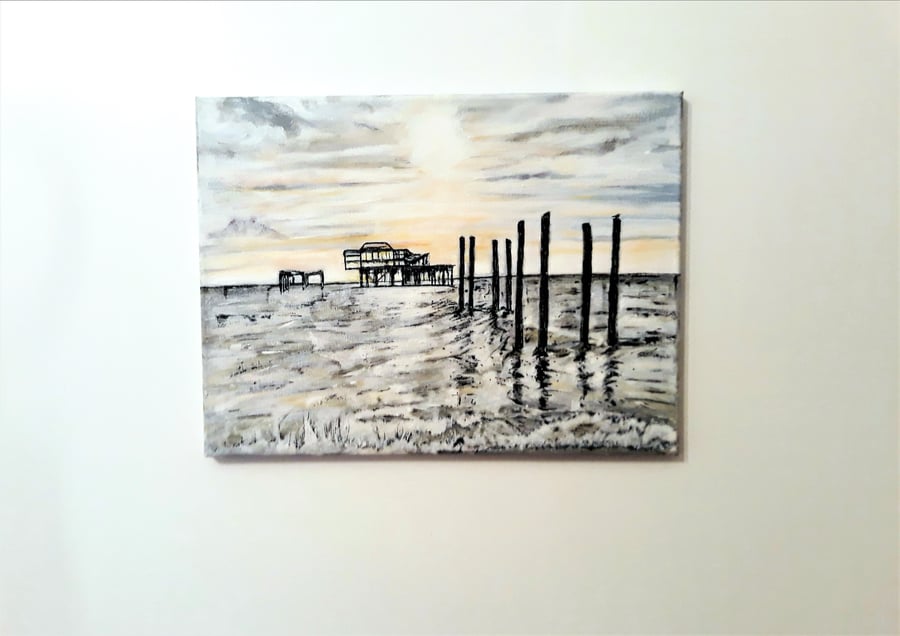 Brighton Painting, Old West Pier with Sunset, Acrylics on Canvas, 40 x 30cm, 