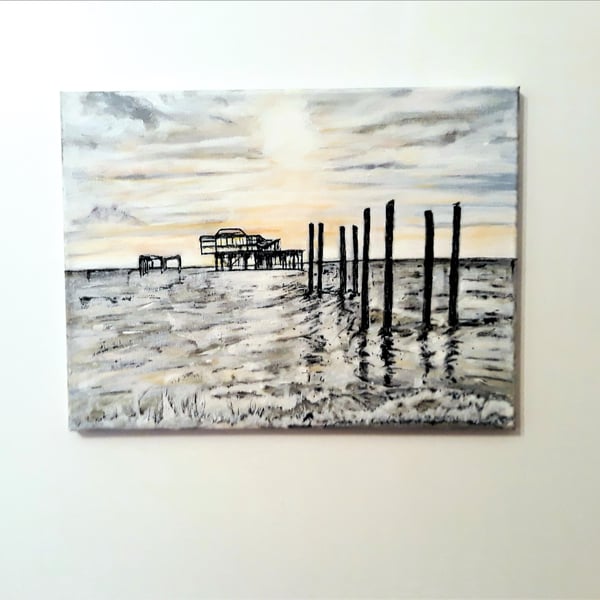 Brighton Painting, Old West Pier with Sunset, Acrylics on Canvas, 40 x 30cm, 