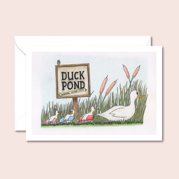 Duck Pond Card: Cute Ducklings Birthday Card - Hand Drawn Pencil Art