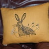 Mustard Hare and wild flower screen printed small cushion. 33cm x 26cm