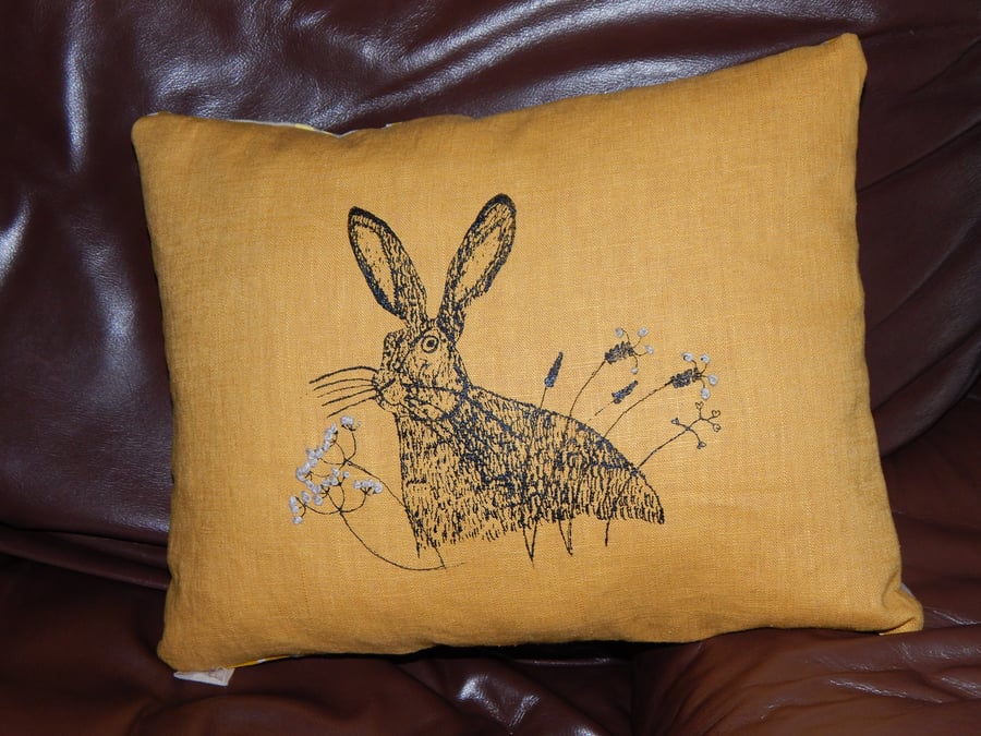 Mustard Hare and wild flower screen printed small cushion. 33cm x 26cm