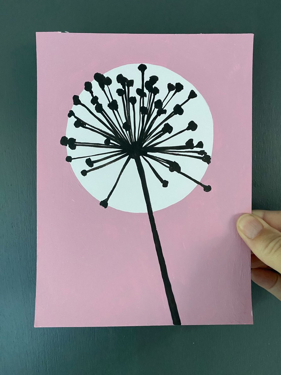Botanical art, Garden Allium, seed head, shadow painting, handmade art, pink 