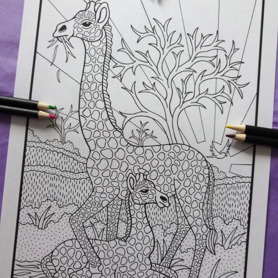 Mother & Baby Giraffe A4 Colouring Page Printable JPG by S Godwin Studio