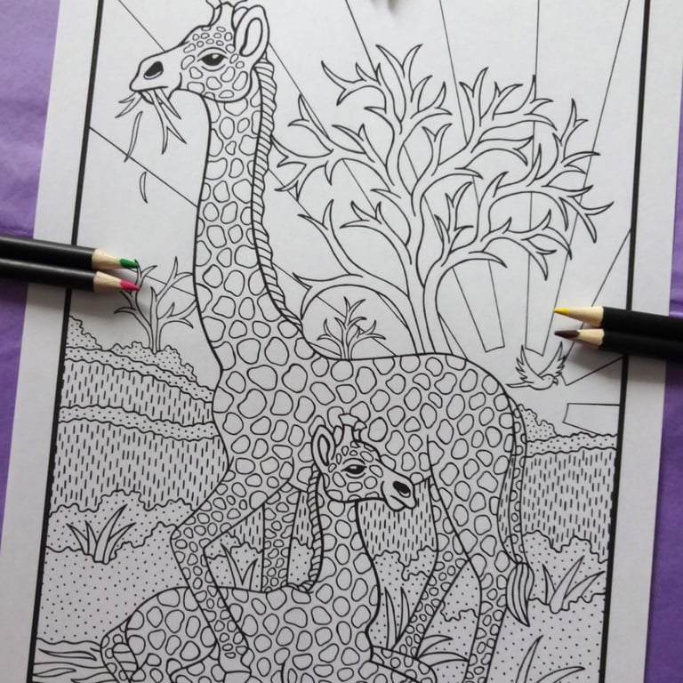 Mother & Baby Giraffe A4 Colouring Page Printable JPG by S Godwin Studio