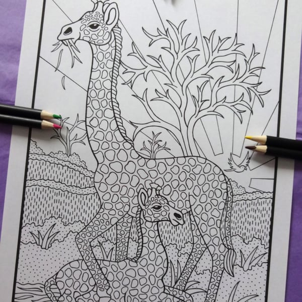 Mother & Baby Giraffe A4 Colouring Page Printable JPG by S Godwin Studio