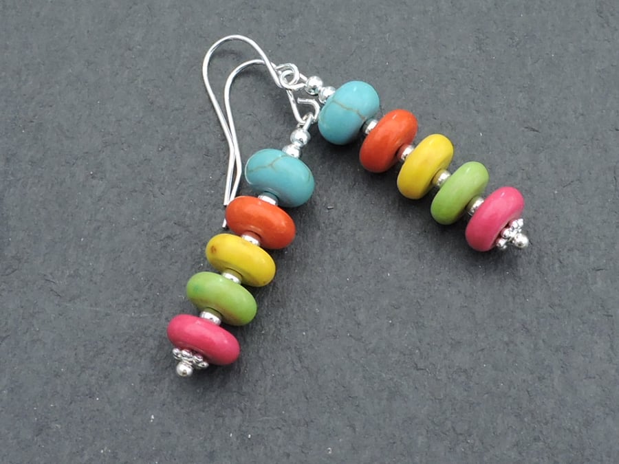 Drop Earrings Rondelle Beads with Silver Spacer Beads on Silver Plated Wires