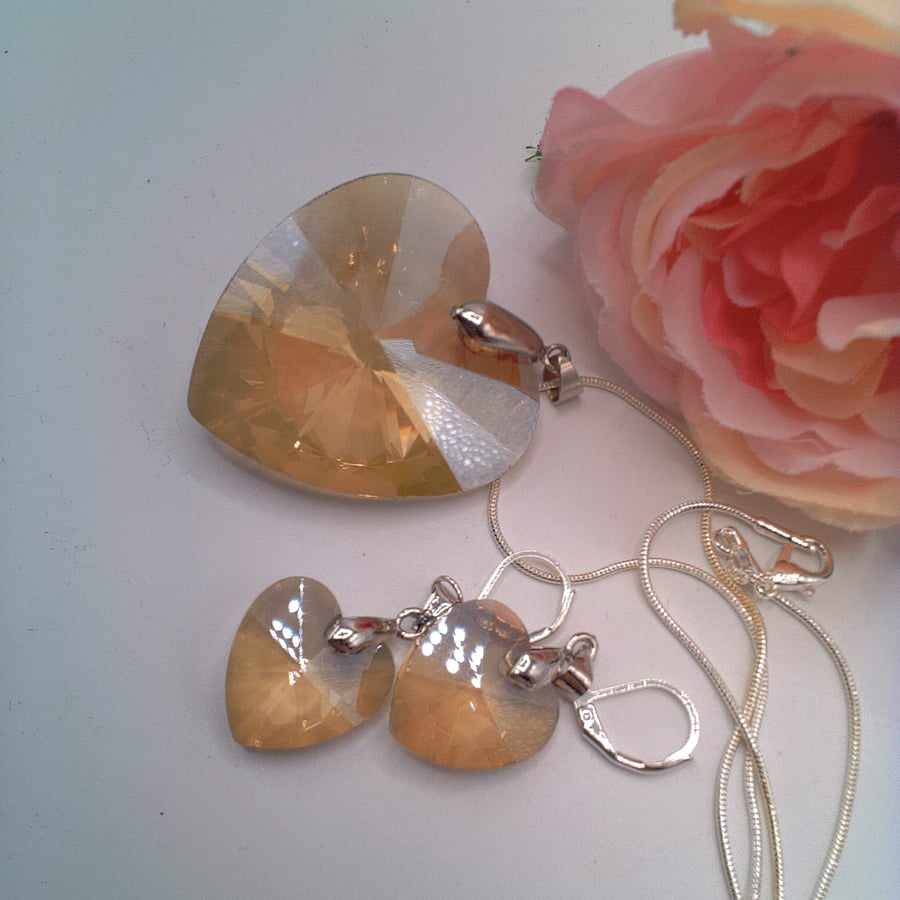 Large Champagne Coloured Crystal Heart Necklace and Earrings, Gift for Her