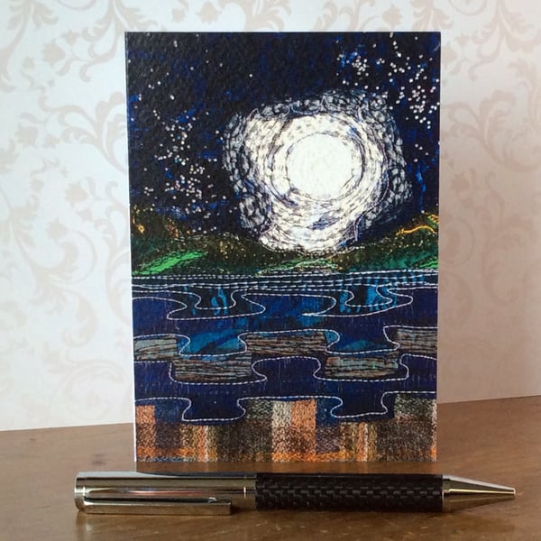 Full moon seascape textured card.  